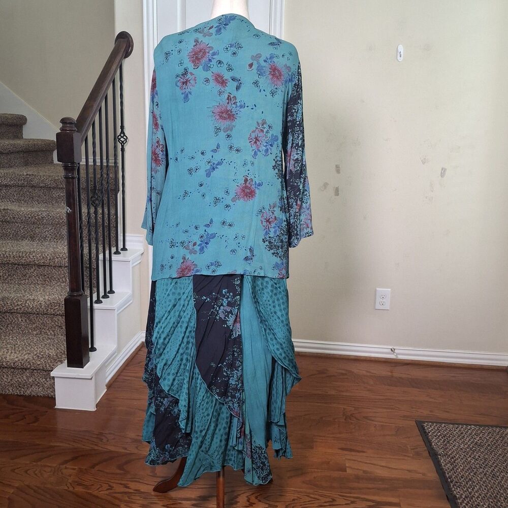 Tienda Ho Lagenlook Skirt Kimono Jacket 2PC Set Patchwork Ruffle Witchy Boho XL - Picture 2 of 16